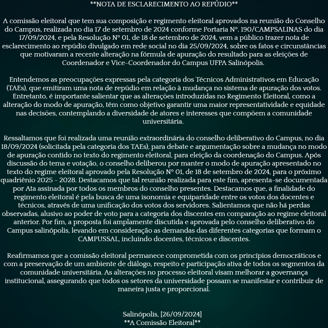 Comissão Eleitoral - Nota de Esclarecimento